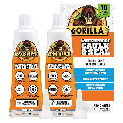 GORILLA 100 SILICONE CAULK 2.8OZ 2 PACK WHITE WATERPROOF, MOLD RESISTANT SEALANT FOR KITCHEN, BATH,