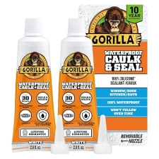 GORILLA 100 SILICONE CAULK 2.8OZ 2 PACK WHITE WATERPROOF, MOLD RESISTANT SEALANT FOR KITCHEN, BATH,
