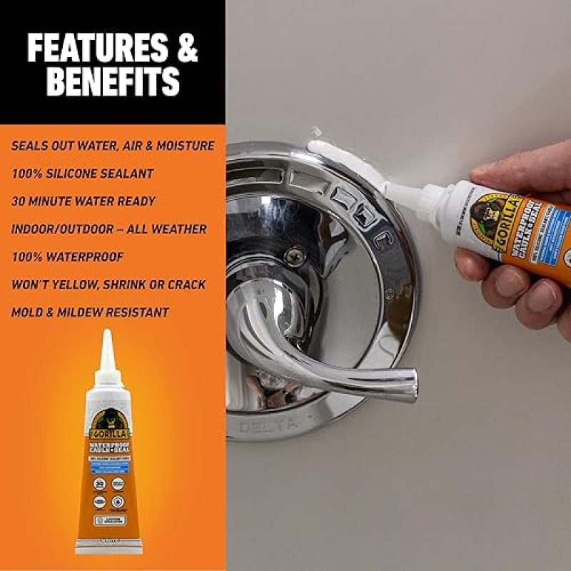 GORILLA 100 SILICONE CAULK 2.8OZ 2 PACK WHITE WATERPROOF, MOLD RESISTANT SEALANT FOR KITCHEN, BATH,