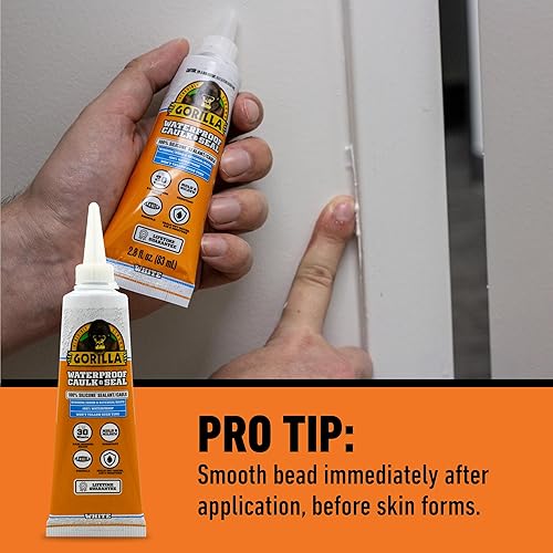 GORILLA 100 SILICONE CAULK 2.8OZ 2 PACK WHITE WATERPROOF, MOLD RESISTANT SEALANT FOR KITCHEN, BATH,