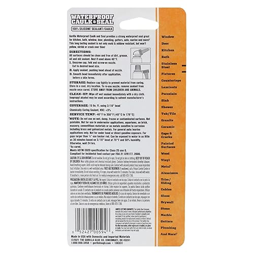 GORILLA 100 SILICONE CAULK 2.8OZ 2 PACK WHITE WATERPROOF, MOLD RESISTANT SEALANT FOR KITCHEN, BATH,