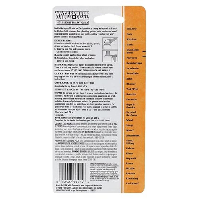 GORILLA 100 SILICONE CAULK 2.8OZ 2 PACK WHITE WATERPROOF, MOLD RESISTANT SEALANT FOR KITCHEN, BATH,