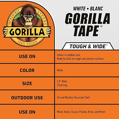GORILLA TOUGH WIDE WHITE TAPE 2.88 X 25 YD - HEAVY DUTY, WEATHER RESISTANT, INDOOR OUTDOOR