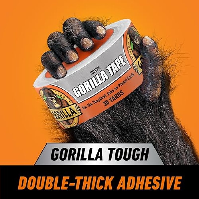 GORILLA TAPE SILVER 1.88IN X 30YD HEAVY DUTY DUCT TAPE, WEATHER RESISTANT, INDOOR OUTDOOR