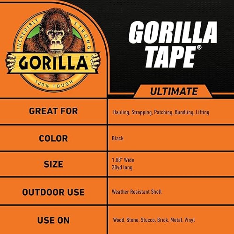 GORILLA TAPE BLACK 1.88 X 20YD - HEAVY DUTY DOUBLE-THICK ADHESIVE FOR HAULING PATCHING