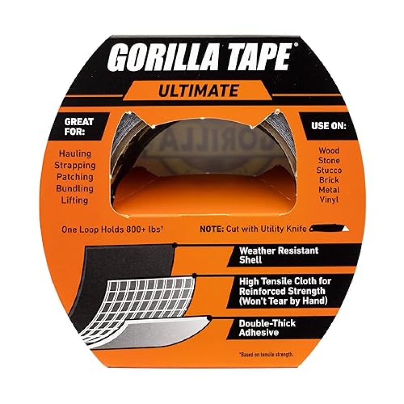 GORILLA TAPE BLACK 1.88 X 20YD - HEAVY DUTY DOUBLE-THICK ADHESIVE FOR HAULING PATCHING