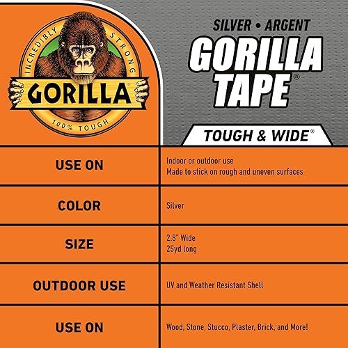 GORILLA HEAVY DUTY SILVER TAPE 2.88 X 25 YD TOUGH, WIDE, WEATHER RESISTANT, INDOOR OUTDOOR