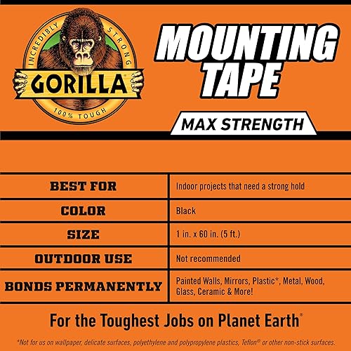 GORILLA MAX STRENGTH DOUBLE-SIDED MOUNTING TAPE 1X60 BLACK INSTANT HOLD PERMANENT BOND
