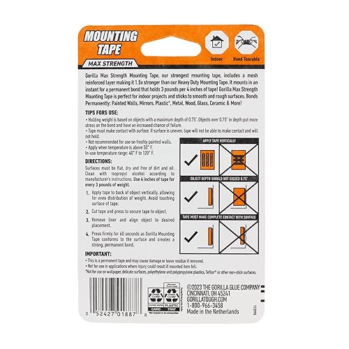 GORILLA MAX STRENGTH DOUBLE-SIDED MOUNTING TAPE 1X60 BLACK INSTANT HOLD PERMANENT BOND