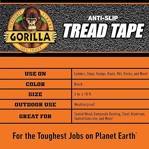 GORILLA BLACK ANTI-SLIP TREAD TAPE 2 X 10 ROLL DURABLE NON-SKID GRIP TAPE, PACK OF 1