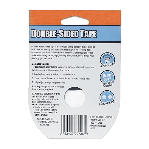 GORILLA DOUBLE-SIDED TAPE GRAY 1.41 X 8 YD STRONG ADHESIVE, PACK OF 2 ROLLS