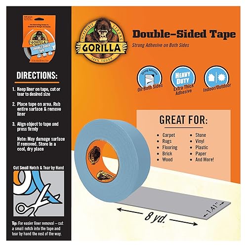 GORILLA DOUBLE-SIDED TAPE GRAY 1.41 X 8 YD STRONG ADHESIVE, PACK OF 2 ROLLS