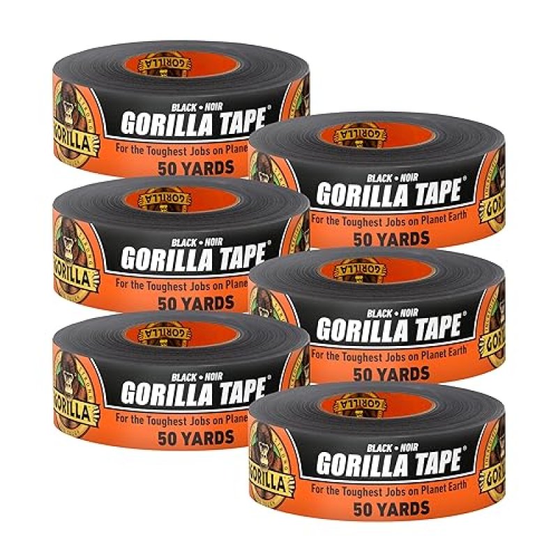 GORILLA BLACK DUCT TAPE 1.88 X 50 YD, PACK OF 6 HEAVY DUTY, WEATHER RESISTANT FOR INDOOR OUTDOOR
