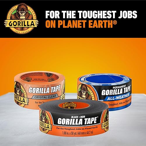 GORILLA BLACK DUCT TAPE 1.88 X 50 YD, PACK OF 6 HEAVY DUTY, WEATHER RESISTANT FOR INDOOR OUTDOOR