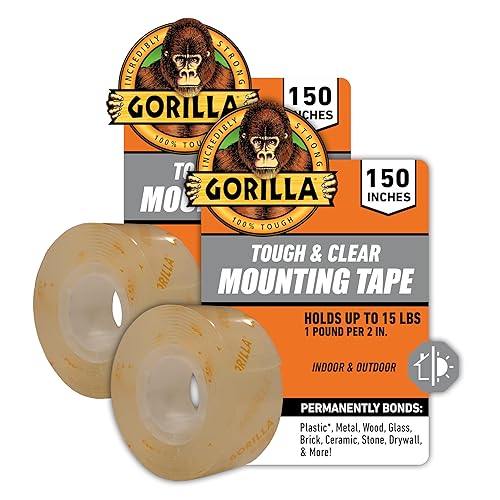 GORILLA CLEAR DOUBLE SIDED MOUNTING TAPE 1 X 150 PACK OF 2 WEATHERPROOF INDOOR OUTDOOR