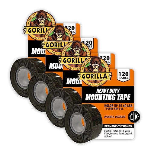 GORILLA HEAVY DUTY DOUBLE SIDED MOUNTING TAPE 1X120 BLACK, WEATHERPROOF, 4-PACK