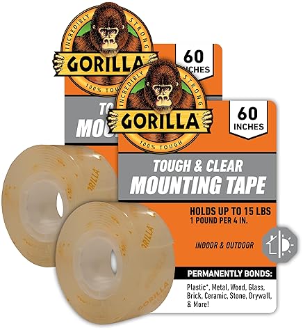 GORILLA CLEAR DOUBLE SIDED MOUNTING TAPE 1 X 60 WEATHERPROOF STRONG ADHESIVE PACK OF 2