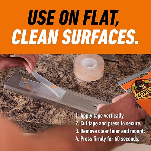 GORILLA CLEAR DOUBLE SIDED MOUNTING TAPE 1 X 60 WEATHERPROOF STRONG ADHESIVE PACK OF 2