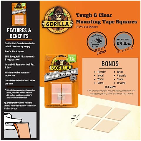 GORILLA CLEAR DOUBLE SIDED TAPE SQUARES, 24 PRE-CUT 1 MOUNTING SQUARES, PACK OF 2