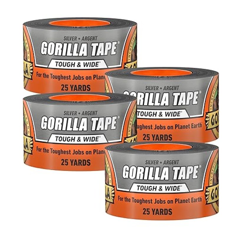 GORILLA TAPE HEAVY DUTY SILVER 2.88 X 25 YD, WEATHER RESISTANT, INDOOR OUTDOOR, PACK OF 4