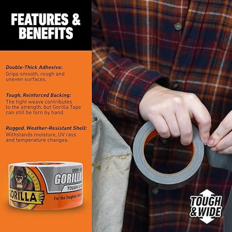 GORILLA TAPE HEAVY DUTY SILVER 2.88 X 25 YD, WEATHER RESISTANT, INDOOR OUTDOOR, PACK OF 4