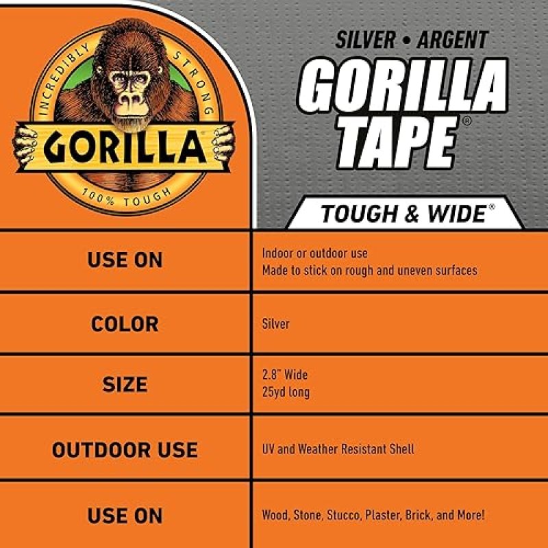 GORILLA TAPE HEAVY DUTY SILVER 2.88 X 25 YD, WEATHER RESISTANT, INDOOR OUTDOOR, PACK OF 4