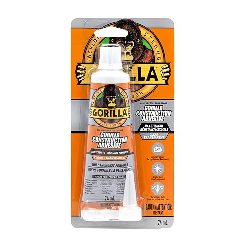 GORILLA MAX STRENGTH CLEAR CONSTRUCTION ADHESIVE 2.5OZ TUBE WATERPROOF, GAP FILLING GLUE