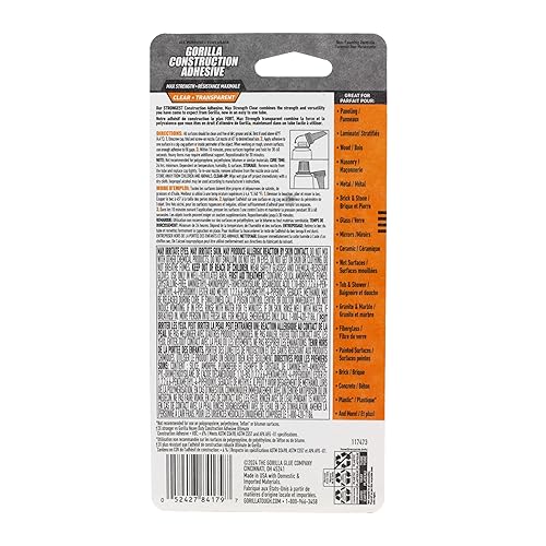 GORILLA MAX STRENGTH CLEAR CONSTRUCTION ADHESIVE 2.5OZ TUBE WATERPROOF, GAP FILLING GLUE