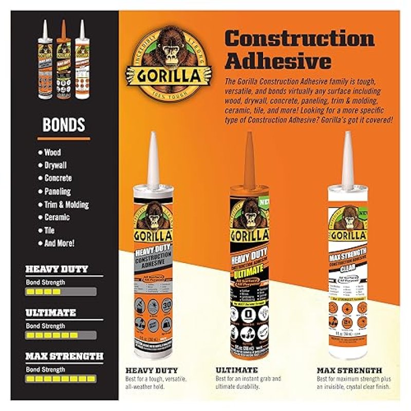 GORILLA HEAVY DUTY CONSTRUCTION ADHESIVE WHITE GLUE 9OZ CARTRIDGE WATERPROOF GAP FILLING