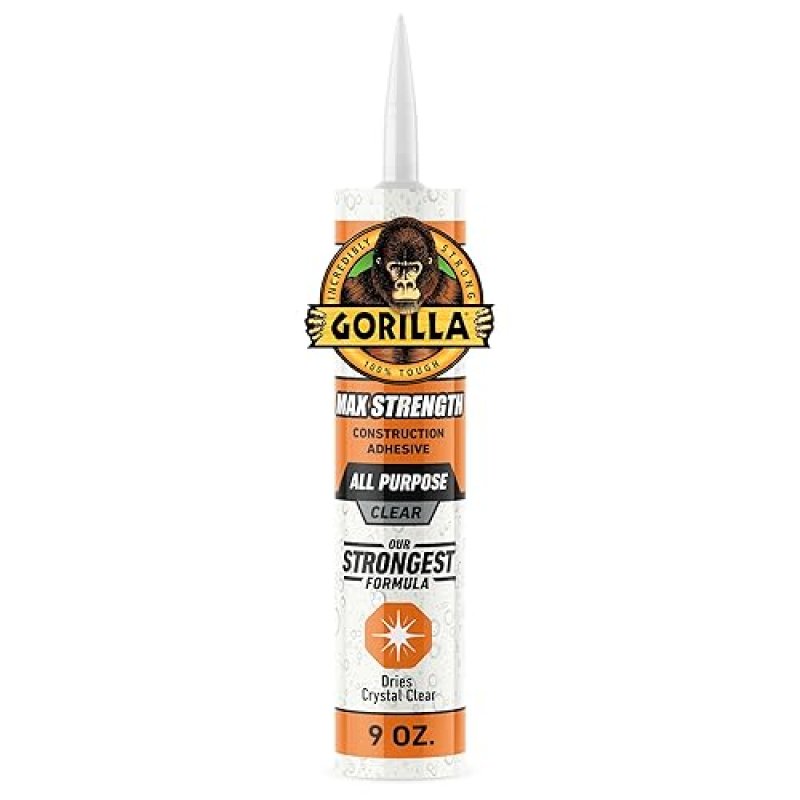 GORILLA MAX STRENGTH CLEAR CONSTRUCTION ADHESIVE 9OZ CARTRIDGE WATERPROOF, GAP FILLING GLUE
