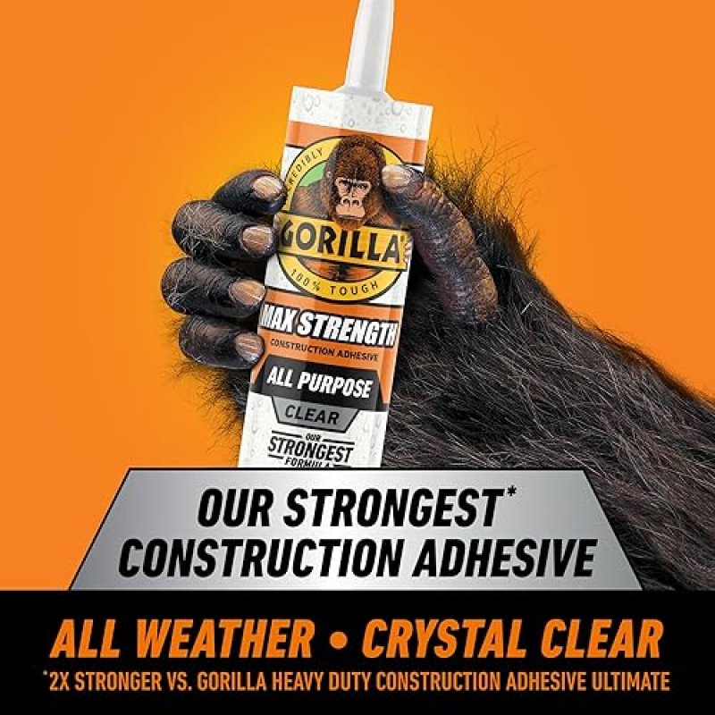GORILLA MAX STRENGTH CLEAR CONSTRUCTION ADHESIVE 9OZ CARTRIDGE WATERPROOF, GAP FILLING GLUE