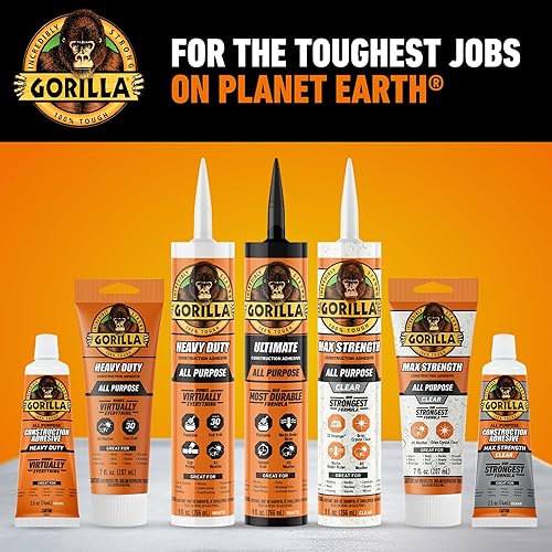 GORILLA MAX STRENGTH CLEAR CONSTRUCTION ADHESIVE GLUE 7OZ TUBE WATERPROOF GAP FILLING