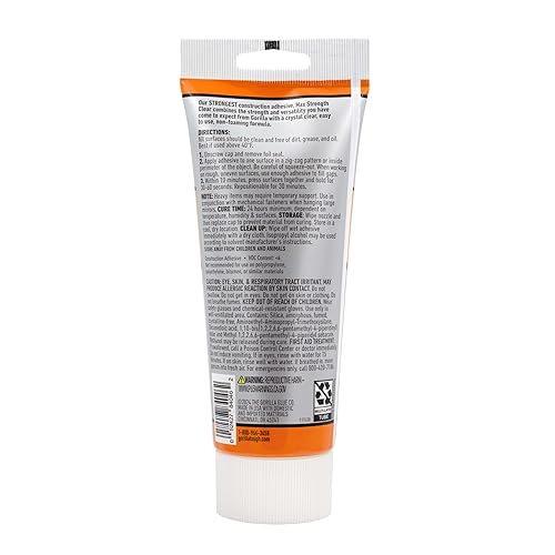 GORILLA MAX STRENGTH CLEAR CONSTRUCTION ADHESIVE GLUE 7OZ TUBE WATERPROOF GAP FILLING