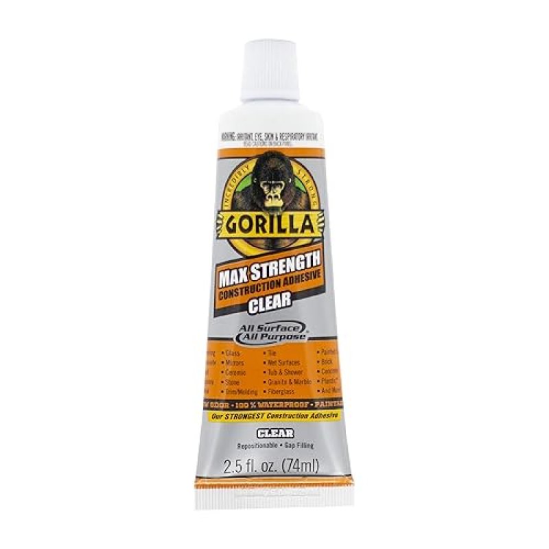 GORILLA MAX STRENGTH CLEAR CONSTRUCTION ADHESIVE 2.5OZ TUBE, WATERPROOF, GAP FILLING, 2 PACK