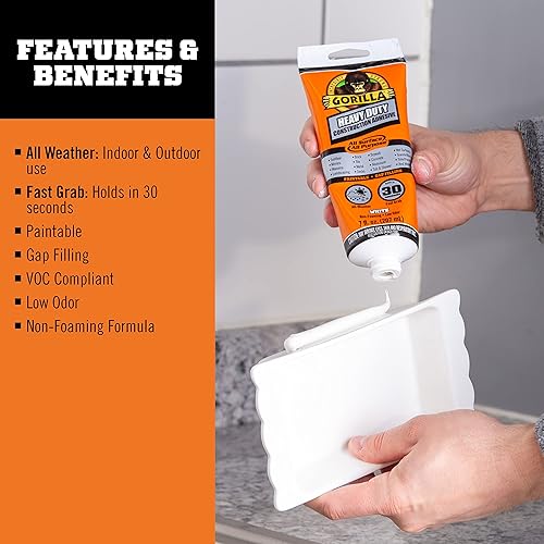 GORILLA HEAVY DUTY CONSTRUCTION ADHESIVE WHITE GLUE 7OZ TUBE PACK OF 2 WATERPROOF GAP FILLING