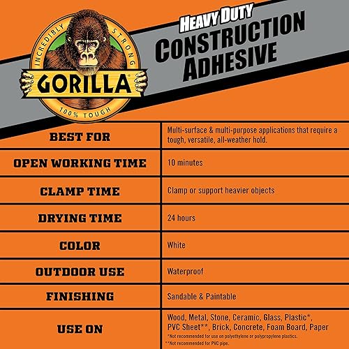 GORILLA HEAVY DUTY CONSTRUCTION ADHESIVE WHITE GLUE 7OZ TUBE PACK OF 2 WATERPROOF GAP FILLING