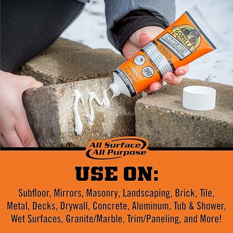 GORILLA HEAVY DUTY CONSTRUCTION ADHESIVE WHITE GLUE 7OZ TUBE PACK OF 2 WATERPROOF GAP FILLING