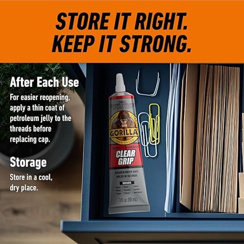 GORILLA CLEAR GRIP WATERPROOF CONTACT ADHESIVE 3OZ TUBE PACK OF 3 FAST, FLEXIBLE, PERMANENT