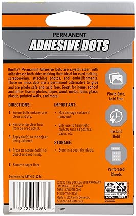 GORILLA CLEAR DOUBLE-SIDED PERMANENT ADHESIVE DOTS 0.5 - 150 PIECES X 8 PACKS, PHOTO SAFE