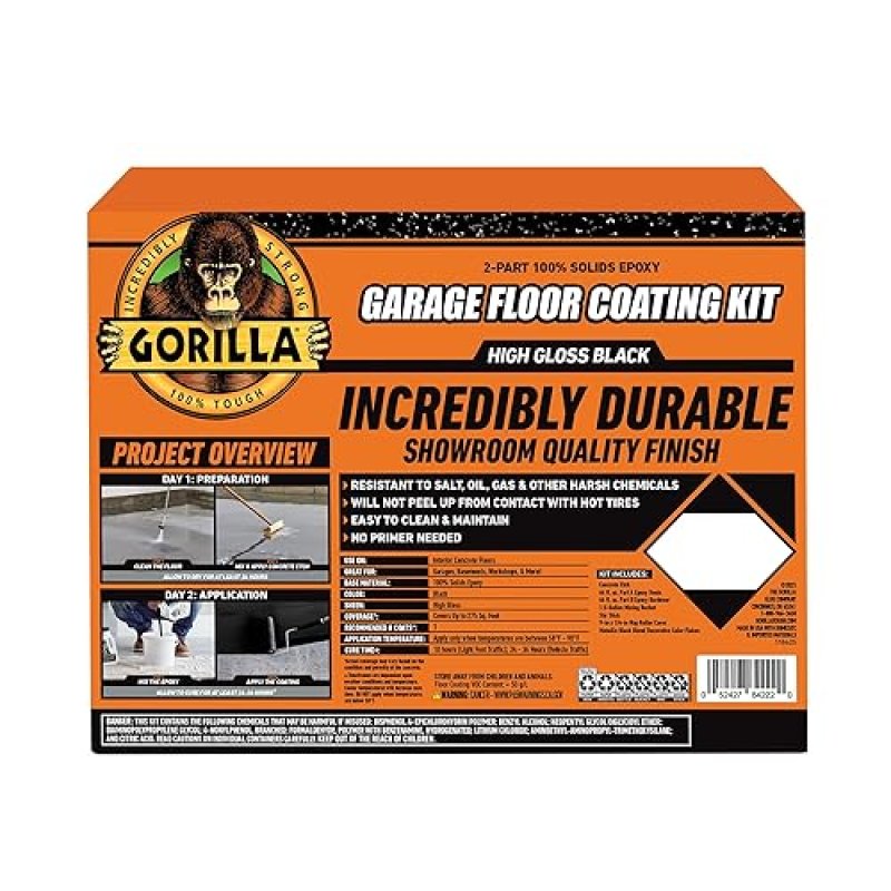 GORILLA EPOXY GARAGE FLOOR COATING KIT 7 PC, 1-CAR, DURABLE HIGH GLOSS BLACK, 275 SQ FT COVERAGE