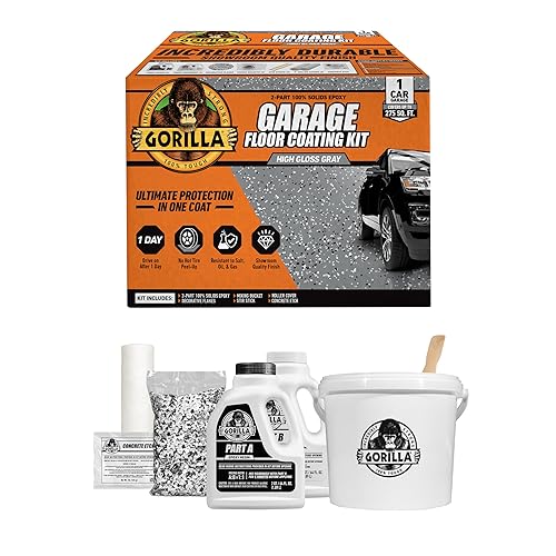 GORILLA EPOXY GARAGE FLOOR COATING KIT 7 PC, 1-CAR, DURABLE HIGH GLOSS GRAY, 275 SQ FT