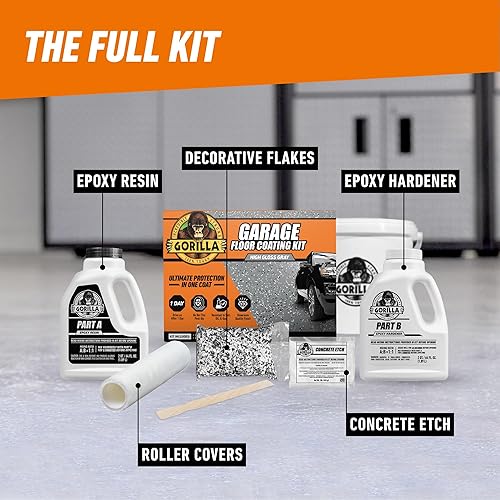 GORILLA EPOXY GARAGE FLOOR COATING KIT 7 PC, 1-CAR, DURABLE HIGH GLOSS GRAY, 275 SQ FT