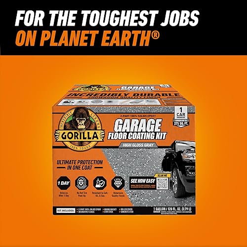 GORILLA EPOXY GARAGE FLOOR COATING KIT 7 PC, 1-CAR, DURABLE HIGH GLOSS GRAY, 275 SQ FT