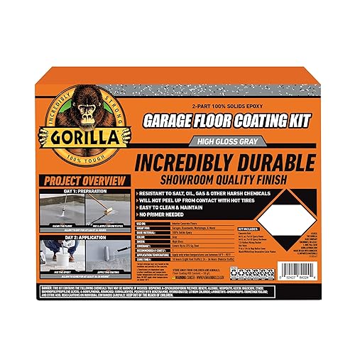 GORILLA EPOXY GARAGE FLOOR COATING KIT 7 PC, 1-CAR, DURABLE HIGH GLOSS GRAY, 275 SQ FT
