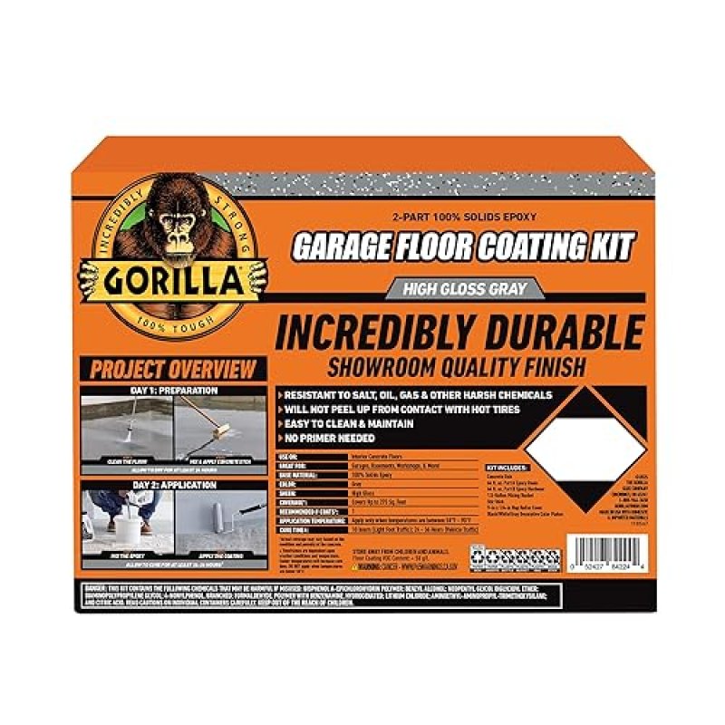 GORILLA EPOXY GARAGE FLOOR COATING KIT 7 PC, 1-CAR, DURABLE HIGH GLOSS GRAY, 275 SQ FT