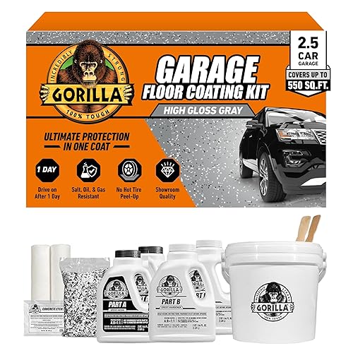GORILLA EPOXY GARAGE FLOOR COATING KIT 12 PC, 2.5-CAR, DURABLE GRAY HIGH GLOSS, 550 SQ FT
