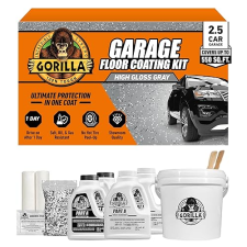 GORILLA EPOXY GARAGE FLOOR COATING KIT 12 PC, 2.5-CAR, DURABLE GRAY HIGH GLOSS, 550 SQ FT