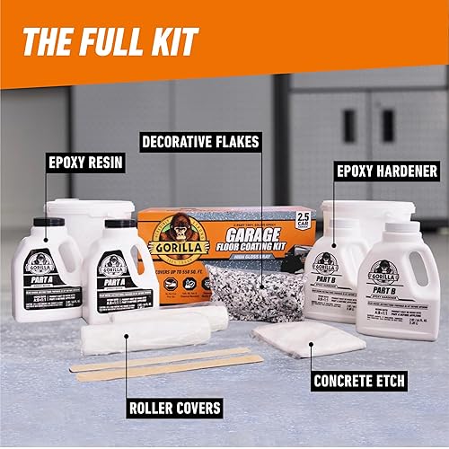 GORILLA EPOXY GARAGE FLOOR COATING KIT 12 PC, 2.5-CAR, DURABLE GRAY HIGH GLOSS, 550 SQ FT