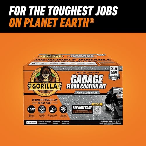 GORILLA EPOXY GARAGE FLOOR COATING KIT 12 PC, 2.5-CAR, DURABLE GRAY HIGH GLOSS, 550 SQ FT