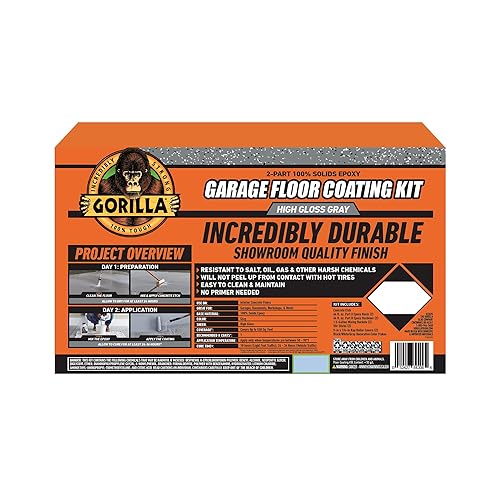 GORILLA EPOXY GARAGE FLOOR COATING KIT 12 PC, 2.5-CAR, DURABLE GRAY HIGH GLOSS, 550 SQ FT